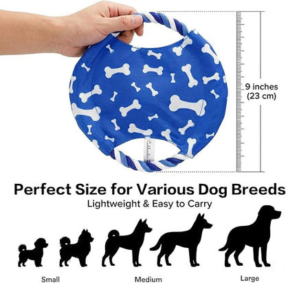 Dog Rope Flying Disc Toy with Squeaker | Durable Canvas Center & Braided Cotton Rope Ring | 2-in-1 Fetch & Tug Interactive Toy for Small & Medium Dogs | 9 Inch