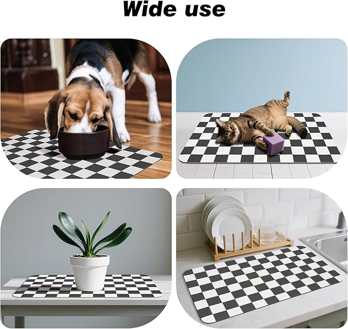 Checkered Dog Food Mat, Absorbent Leak-Proof Pet Feeding Mat, Quick Dry Cat Food Mat for Messy Drinkers 16" x 24" Black