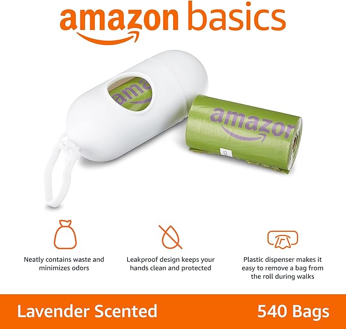 Amazon Basics Premium Leak Proof Dog Poop Bags with Dispenser and Leash Clip, Lavender Scented, 13" x 9", 540 Count (36 Rolls of 15)