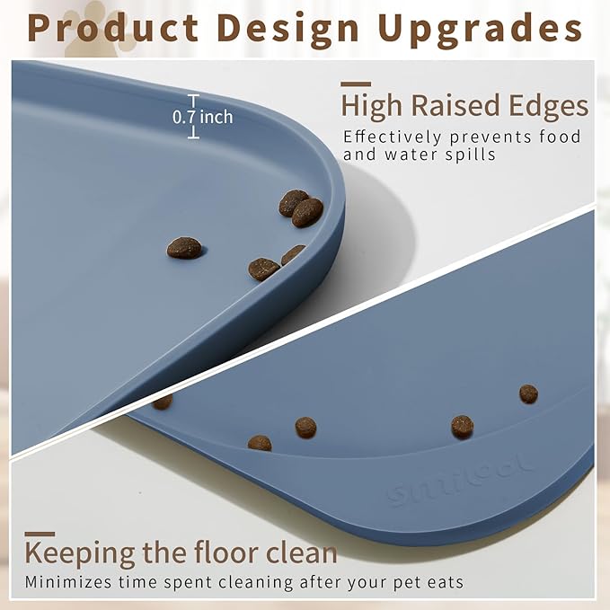 Silicone Pet Food Mat with Raised Edge for Food and Water Bowl, Dog Feeding Mats, Cat Food Trays for Floor Waterproof, Rubber Tray for Dogs and Cats, 19 x 12 x 0.7 Slate Blue