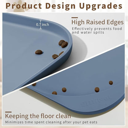 Silicone Pet Food Mat with Raised Edge for Food and Water Bowl, Dog Feeding Mats, Cat Food Trays for Floor Waterproof, Rubber Tray for Dogs and Cats, 19 x 12 x 0.7 Slate Blue