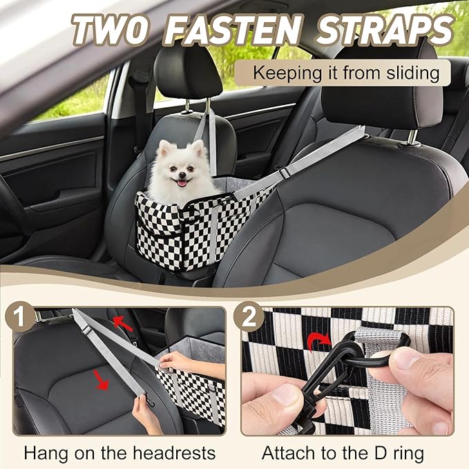 Portable Dog Car Seat for Small Dogs - Pet Booster Seat with Safety Leash & Anti-Collapse Design, Washable Cushion - Center Console Car Travel Carrier for Pets Up to 12 lbs, Black Checkered
