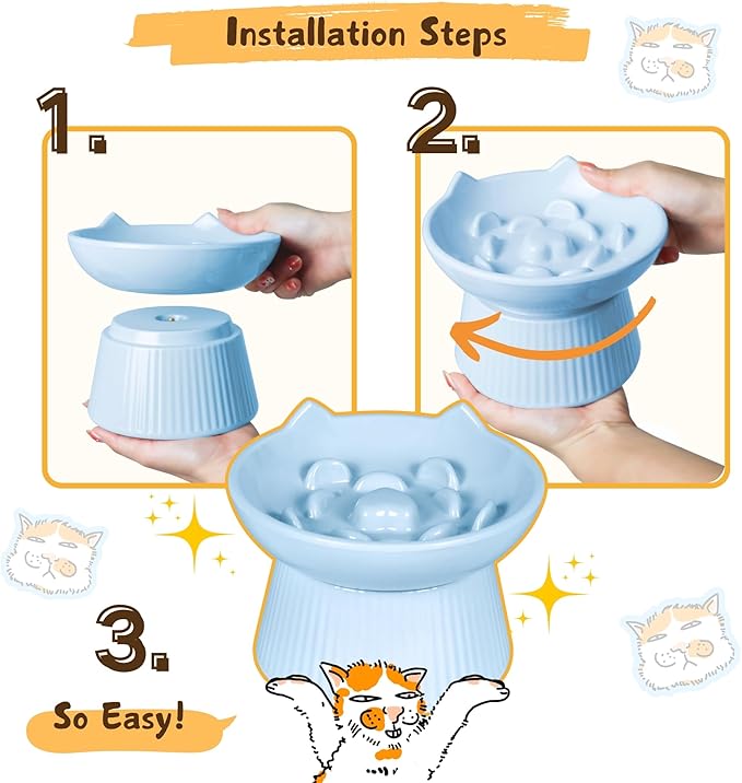 Unbreakable Raised Slow Feeder Bowl for Cats and Small Dogs, Elevated Cat Bowls, Detachable Slow Feede Bowl, Heavy Weighted, Non-Slip Feeder, Dry & Wet Food, Whisker Friendly (Blue; 6.2'')
