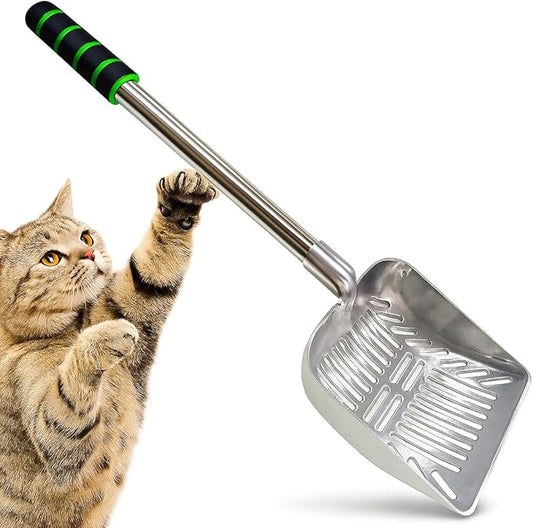SunGrow Cat Litter Scoop, Stainless Steel Long Handle Chicken Coop Poop Scooper, Comfortable 9” Handle, 5” Wide Mouth, Narrow Slits and High Sides Metal Sifter, for Litter Boxes or Gardening
