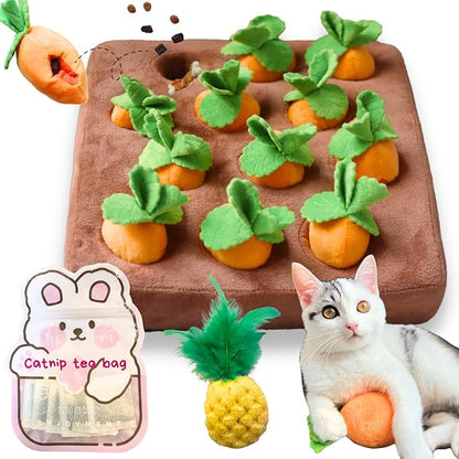 Carrot Catnip Toys, Interactive Feather Cat Toys for Indoor Cats, Cat Puzzle Toys for Boredom and Mental Stimulation, 12 Squeaky Carrots with Treat Pockets and 12 Catnip Tea Bags