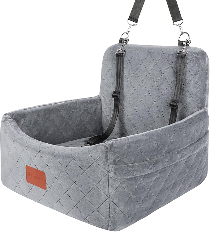 WOOAIDAGG Dog Car Seat for Small Dogs Under 30lbs,Comfy & Safe Travel Bed with Washable Cover,2 Clip-On Safety Leashes and Pockets,Anti-Slip Base,Easy to Install(Grey)