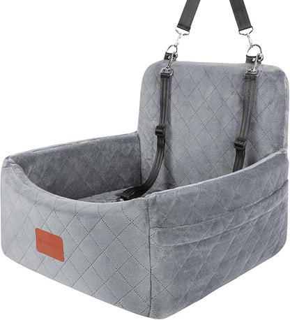 WOOAIDAGG Dog Car Seat for Small Dogs Under 30lbs,Comfy & Safe Travel Bed with Washable Cover,2 Clip-On Safety Leashes and Pockets,Anti-Slip Base,Easy to Install(Grey)