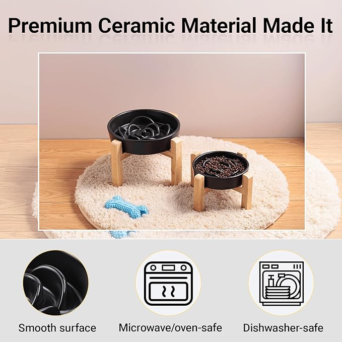 Ceramic Slow FeederDog Bowl for Medium Large Dogs,Heavy Weighted,Puzzle Eating Bowl Modern Maze (Black, 8.66in)