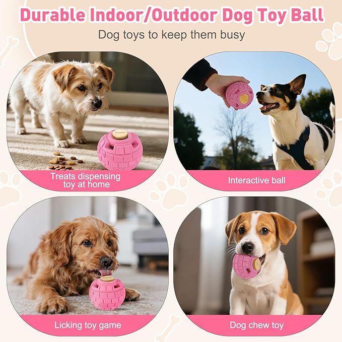 Interactive Dog Frozen Treat Toys, Dog Puzzle Enrichment Ball to Keep Them Busy, Slow Food Training, Durable Rubber Chew Dispensing Toy, Freezable Fillable Ball, for Small Medium Large Dogs (Pink)
