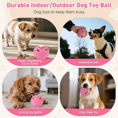 Interactive Dog Frozen Treat Toys, Dog Puzzle Enrichment Ball to Keep Them Busy, Slow Food Training, Durable Rubber Chew Dispensing Toy, Freezable Fillable Ball, for Small Medium Large Dogs (Pink)