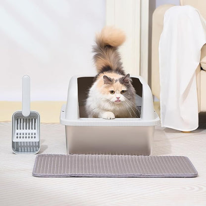 Henkelion Stainless Steel Cat Litter Box with Lid, 24" L x 16" W x 11.8" H, Extra Large Litter Box for Big Cats with High Sided, Anti-Urine Leakage, Easy Cleaning, Include Cat Mat and Scoop