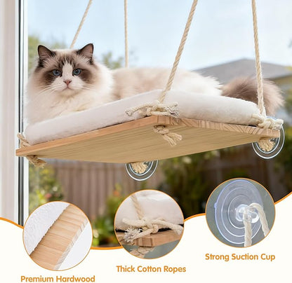 Cat Window Perch, Rustic Cat Hammock Bed with Solid Wood Seat 4 Heavy Duty Suction Cups, Plush Cushion, Indoor Pet Window Hammock for Cats for Large Cats (XL)