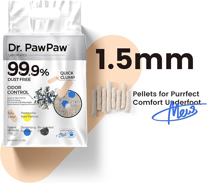 Tofu Cat Litter, Dr. PawPaw Clumping Cat Litter, Honeysuckle Scent 18 lb, Dust-Free Keep Kitty Tidy, Superior Odor Control Keep Step Fresh