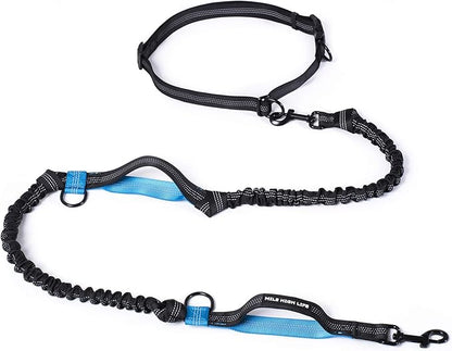 Mile High Life Hands Free Waist Leash for Dog Running Training and Jogging, Adjustable Belt with Double Handle, Reflective Bungee for Medium Large Dogs (Blue, 7FT)