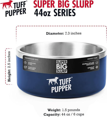 Tuff Pupper Heavy Duty Insulated Dog Bowl | Double Wall Stainless Steel Dog Food Dish | Non-Slip Spill Proof Dishwasher Safe Cat Bowl | Water Dish for Feeding Large Medium Small Pets (44oz, Blue)
