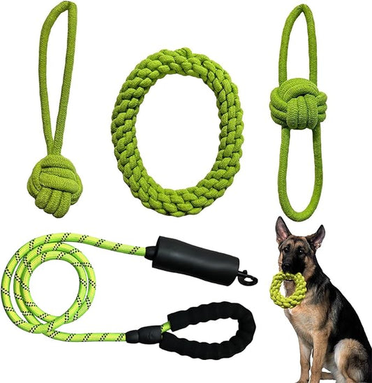 Reflective Padded Floating Leash and Dog Rope Chew Toy Assortment Bundle for Small Medium and Large Dogs, Natural Interactive Fetch Toys for Water Play (Floating Small Ring Bundle w/Leash)