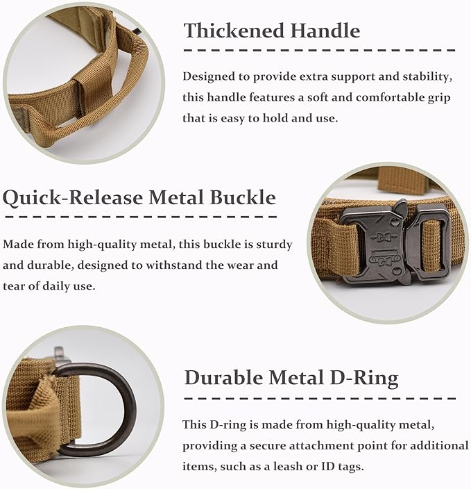 Tactical Dog Collar Set, Adjustable Military Training Nylon Dog Collar with Control Handle and Heavy Quick-Release Metal Buckle for Small Medium Large Dogs, Brown S