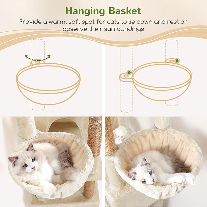 Globlazer Sturdy Cat Tree, 68-inch Large Cat Tower for Indoor Adult Cats 20 lbs Heavy Duty Cat Tree for Big Cats with Extra Large Platform, 5 Scratching Post, S68, Beige