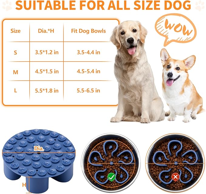 Slow Feeder Dog Bowls Insert, Bestalk Soft Silicone Slow Eating Dog Bowl Insert with Suction Cups for Small, Medium and Large Dogs(Darkblue S)