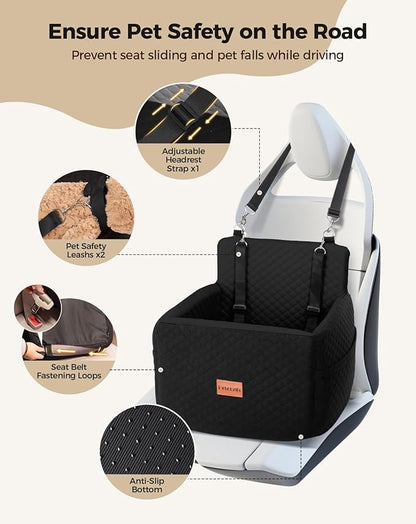 Dog Car Seat for Small & Medium Dogs Under 35lbs, Detachable & Washable Pet Car Seat, Interior Height 6 Inches Dog Booster Seat with Storage Pockets and 2 Dogs Safety Belts (Black)