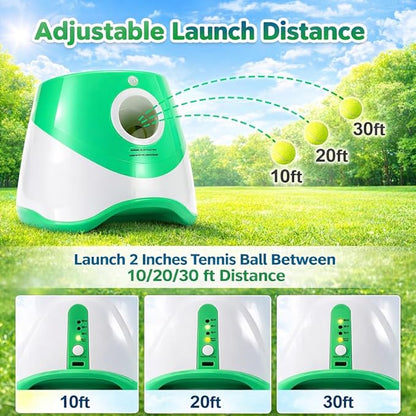 Automatic Dog Ball Launcher with 6 Tennis Balls, Adjustable 10/20/30 FT Distance, Interactive Fetch Machine for Small to Medium Dogs, Green