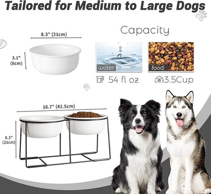 Ceramic Elevated Dog Bowl Set - Raised Double Feeding Bowls with Metal Stand - Pet Dishes for Medium and Large Dogs - 3.5 Cups - 54 fl oz - Matte White