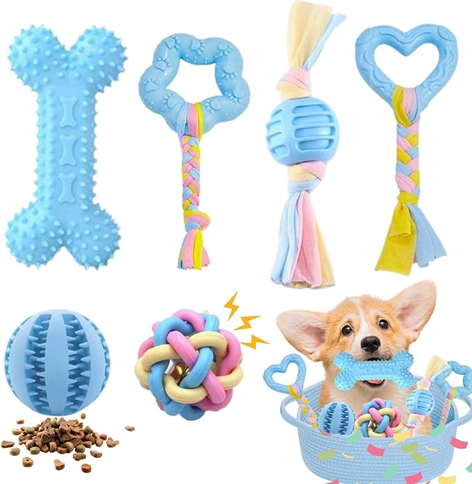 Chew Toys for Small Dogs – 6 Pack Teething Set, Soft Rubber, Eco-Friendly, Teeth Cleaning, Interactive Blue Dog Toys