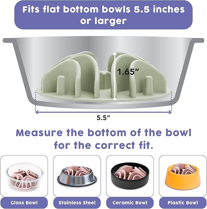 Awoo Great Vibes - Silicone Slow Feeder for Dog Bowls Over 5.5 Inches - Non-Slip, Wet and Dry Food-Compatible Pet Dish with Suction Cups - Extends Mealtime for Fast Eaters - Dishwasher Safe (Sage)