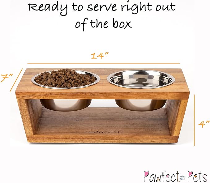 4" Tall Elevated Dog Bowls for Small Dogs, Food and Water Bowl Set by Pawfect Pets (Acacia)