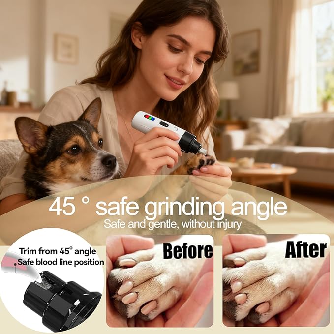 Upgraded Quiet Dog Nail Grinder, Professional 2-Speed Rechargeable Pet Nail Trimmer for Small/Medium/Large Dogs & Cats, Painless Paw Grooming with 2 Replacement Grinding Heads(M1)