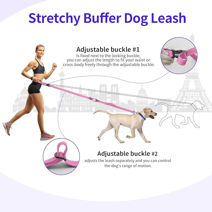 Kazazoo Hands-Free Dog Leash with Adjustable Length 5.5-8.5FT + Dual Padded Handles Reflective Safety for Walking, Jogging & Training | Suitable for Medium to Large Dogs & Puppies M Size Pink