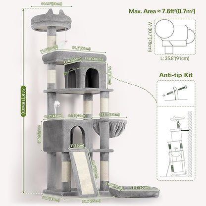 Globlazer Heavy Duty Cat Trees for Large Cats, Sturdy 72in Maine Coon Cat Tree for Large Cats 20 lbs+ Heavy Duty Cat Tower for Adult Biggest Cat with 6 Scratching Posts, Hammock, S72, Light Grey