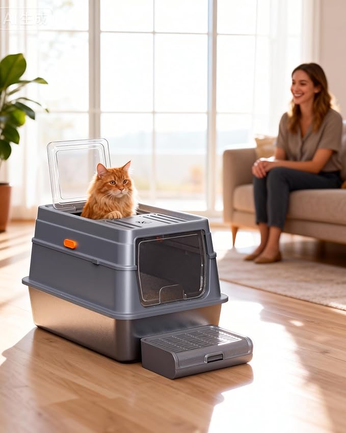 Cat Litter Box - Stainless Steel Litter Box with Lid for Kitty, Metal Base Enclosed Cat Box with Litter Scoop, Elevated Step Box, Activated-Carbon Pack, 23.6" x 15.7" x 15", Grey