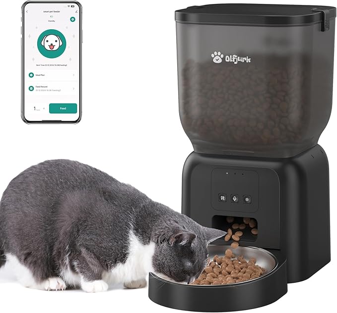 Remote Controlled Automatic Dog & Cat Feeder, APP Controlled,with Freshness Preservation, Timed Cat Feeder with Stainless Steel Bowl. 4L Capacity Up to 6 Meals Per Day and 1-15 Portion for Cats & Dog