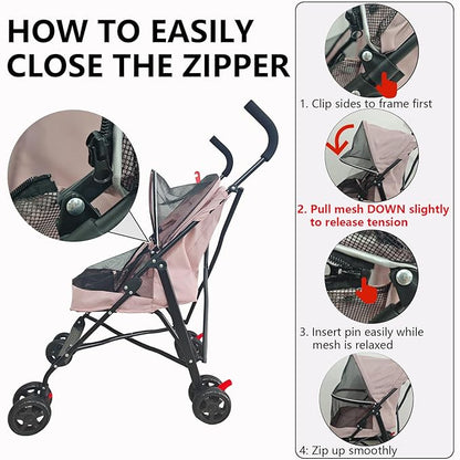 Pet Stroller for Small Dogs and Cats,CYUmail 4 Wheels Foldable Dog Stroller,Puppy Carrier for Small Dogs 0-15 lbs w/Cup Holder,Breathable Visible Mesh,Pink