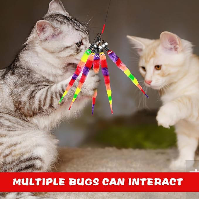 Cat Toys, 12pcs Rainbow Cat Worm Toys Cat Wand Toy Replacement Refills Cat Feather Toys Interactive Fluffy Worms Toys with Bells for Indoor Cats Kitten Training Accessories