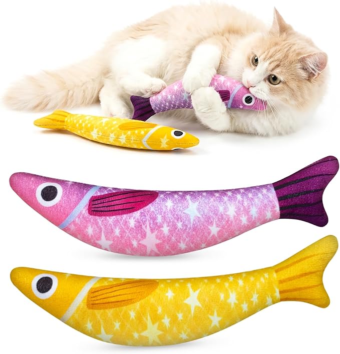 Cat Toys for Indoor Cats with 5000mg Natural Catnip Interactive Kicker Fish Toy of Crinkle Bell Sound Adult Cat Kittens Teeth Cleaning Easter Gifts Yellow Purple