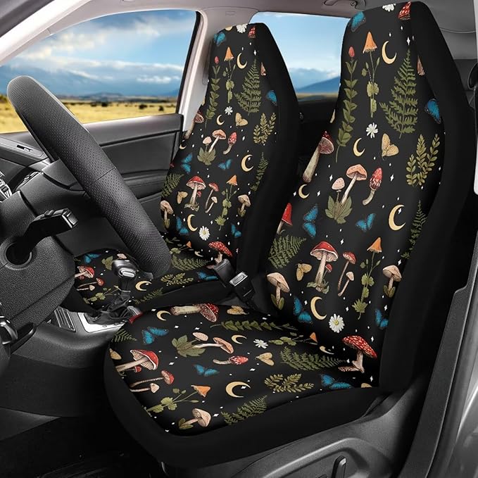 Mushroom Daisy Print Car Seat Covers Front Seats Only Set for Women Men, Easy Install Clean Universal Car Interior Covers Seat Protectors