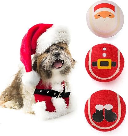 LUCKITTY 3 Packs Christmas Dog Tennis Balls Interactive Toy Puppy for Small Medium Dogs Training Playing- Santa Claus Patterns 2.5 Inch