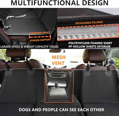 BORKIN Back Seat Extender for Dogs, Hard Bottom Dog Car Seat Cover with AC mesh Vent, Waterproof Dog Backseat Cover for Car, Foldable Dog Hammock for Car Travel