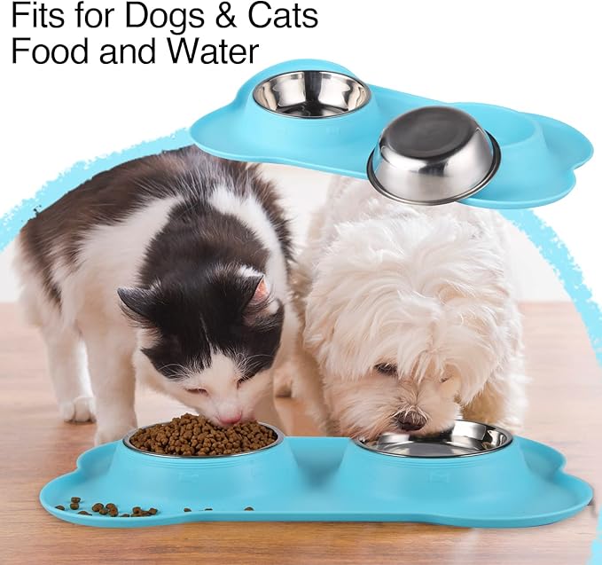Dog Bowls 2 Stainless Steel Bowl for Pet Water and Food Feeder with Non Spill Skid Resistant Silicone Mat for Pets Puppy Small Medium Cats Dogs