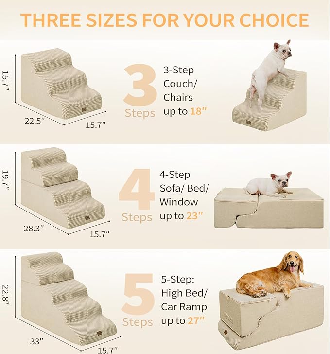 Made4Pets Dog Stairs Ramp for High Bed 22.8" H, 5-Step Pet Stairs for Bed Couch Sofa Climbing, 35D Foam Pet Steps for Small Dogs and Cats, Non-Slip Bottom Dog Steps, Beige