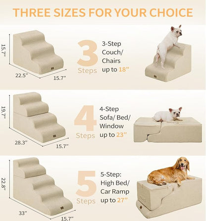 Made4Pets Dog Stairs Ramp for High Bed 22.8" H, 5-Step Pet Stairs for Bed Couch Sofa Climbing, 35D Foam Pet Steps for Small Dogs and Cats, Non-Slip Bottom Dog Steps, Beige