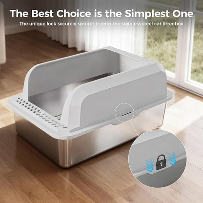 GTPLAYER Stainless Steel Cat Litter Box XL - Extra Large High-Sided Open-Top Metal Litter Box for Large & Multi-Cat Homes, Splash Guard, Low Entry, Easy Clean 304 Steel with Step, Mat & Scoop, White