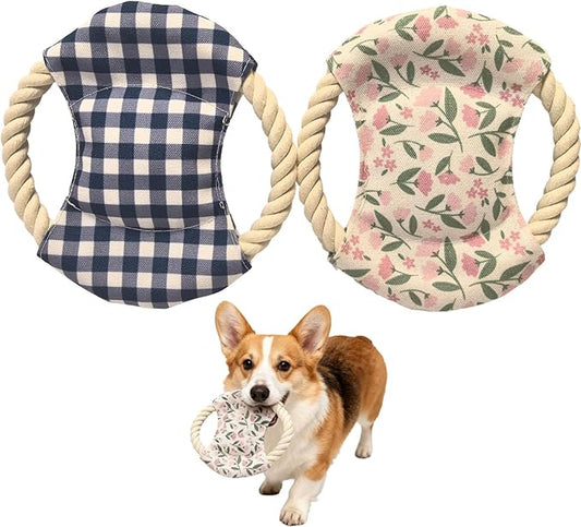 Dog Frisbees Cotton Rope Toys Flying Discs 2 Pack, Teething, Soft Polyester Squeaker Toy for Training,Throwing and Interacting for Anti Boredom & Anxiety, Easy to Clean