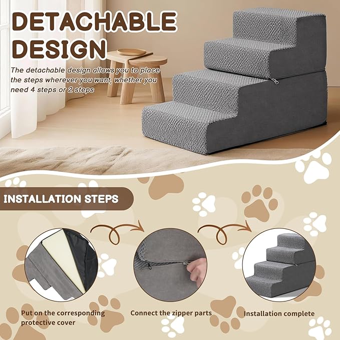 18.7''H Dog Stairs for Small Dogs,4-Step Dog Stairs Steps for High Bed, Pet Steps for Small Dogs and Cats, Non-Slip Removable Washable Cover Ramp for Indoor Outdoor Car SUV Couch Sofa,Grey