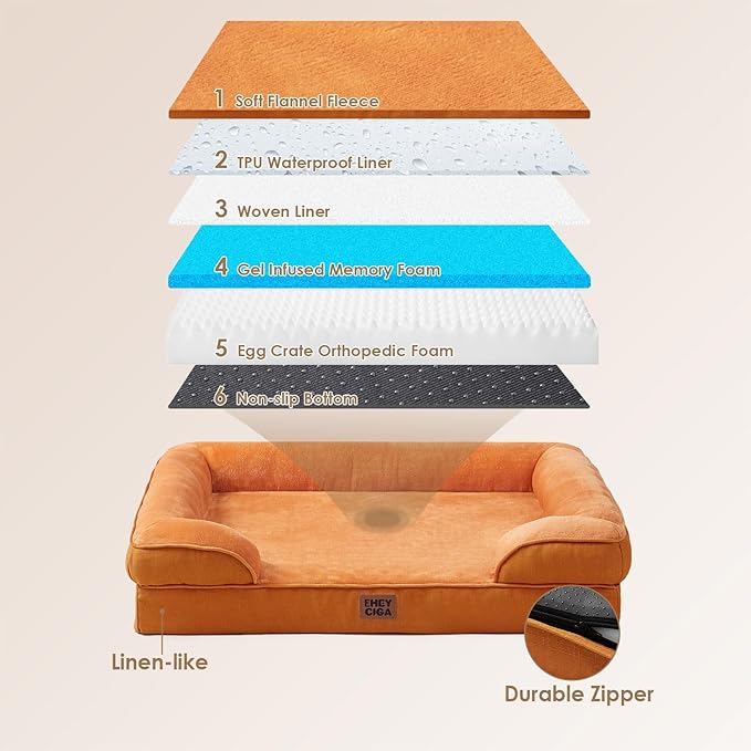 EHEYCIGA Orthopedic Dog Beds for Extra Large Dogs, Waterproof Memory Foam XL Pet Bed with Sides, Non-Slip Bottom and Egg-Crate Foam Big Dog Couch Bed with Washable Removable Cover,Pumpkin Orange
