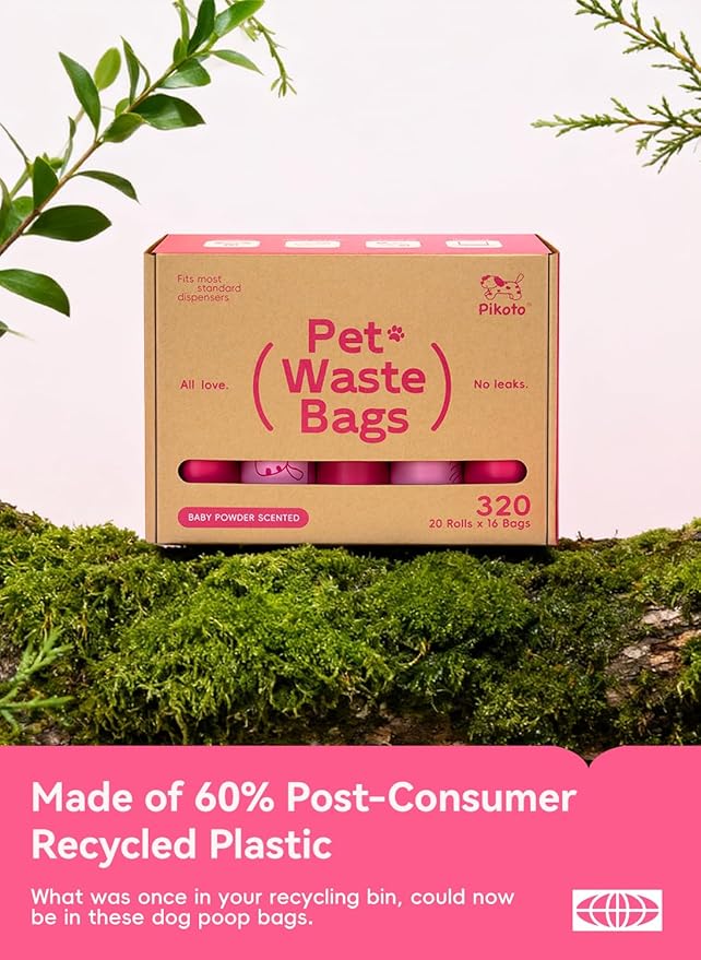 Dog Poop Bags Rolls, 320 Count (20 Refills) - 60% Recycled Plastic Baby Powder Scented - Leak Proof, Extra Thick Waste Bag with Easy-Peel Sticker (Pink)