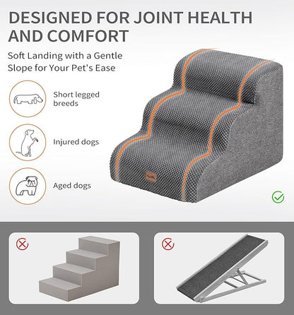 Made4Pets Dog Stairs Ramp for Small Dogs 15.7" H, 3-Step Dog Steps for Bed Couch Sofa and Chair, 35D Foam Pet Steps for Small Dogs and Cats, Non-Slip Bottom Pet Stairs, Grey