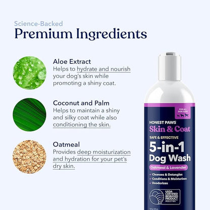 Honest Paws Dog Shampoo and Conditioner - Premium Dog Wash for Allergies and Dry, Itchy, Moisturizing for Sensitive Skin - Sulfate Free, Plant Based, All Natural - Oatmeal & Lavender - 16 Fl Oz